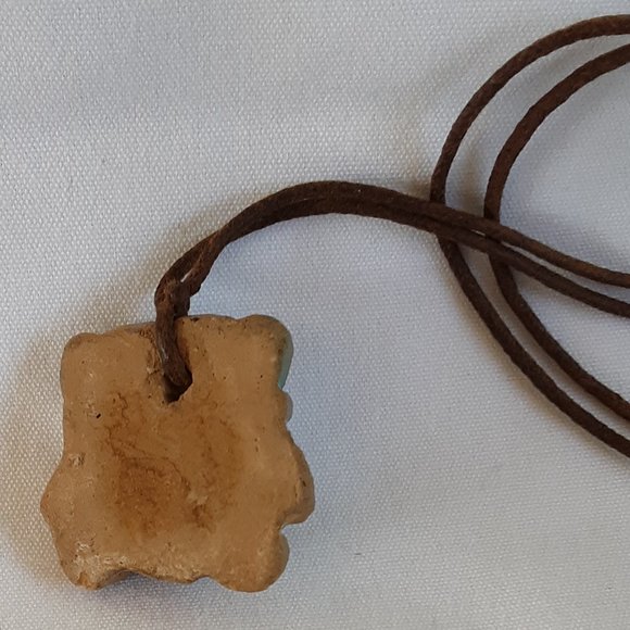 Pottery Aztec Head Bust Necklace Vintage Handcrafted Leather Knotted Cord - Picture 5 of 9